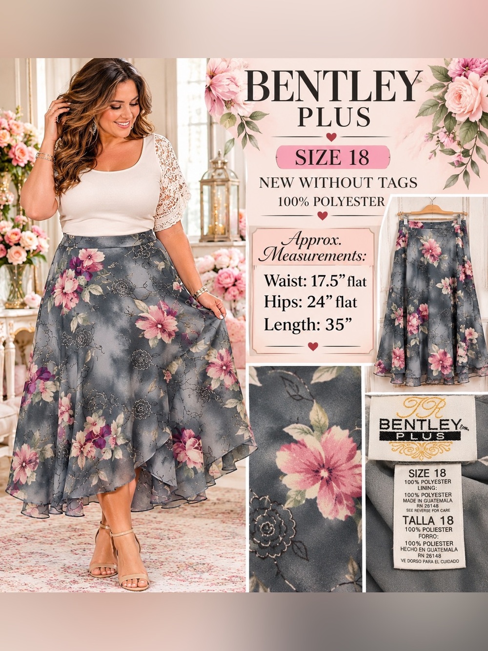 Gray Floral High-Low Skirt - Size 18